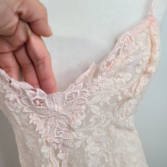 Vintage Cliche Blush Pink Lace Sheer Lace Camisole Lingerie Slip Dress - Picture 6 of 7